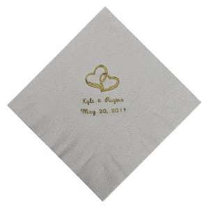 Personalized Gold Two Hearts Beverage Napkins   Silver   Tableware 