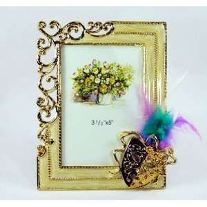 Gold Cutout Mardi Gras Picture Frame with Mask and Real Feather Corner 