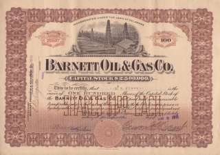 1918 Barnett Oil & Gas Co. Stock Certificate  