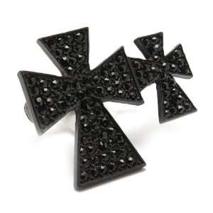   Rockabilly Double Iron Cross black crystal cocktail two   finger ring