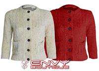 LADIES CABLE KNITTED GRANDAD STYLE 3/4 SLEEVE WOMENS CARDIGAN TOP SIZE 
