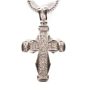 Silver Iced Out Jagged Edge Cross Pendant with a 36 Inch Franco Chain 