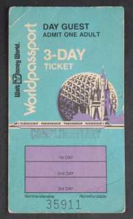 Vintage 1982 WALT DISNEY WORLD WorldPassport 3 Day Ticket 