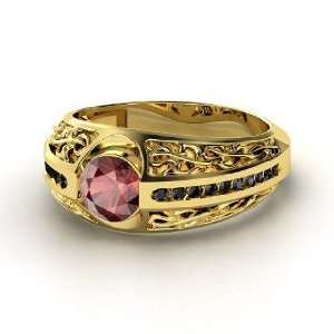 Vintage Romance Ring, Round Red Garnet 14K Yellow Gold Ring with Black 