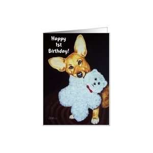   Happy Birthday, Corgi puppy with white teddy bear Card Toys & Games