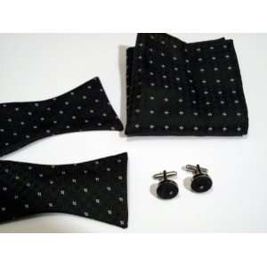  Bow tie cufflink & pocket square matching set (Black with 