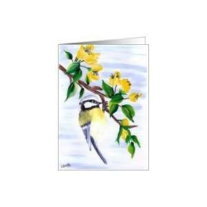 Sherrys Song Three Nut Hatch bird on flowering branch Blank Note Card 