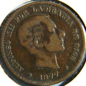 SPAIN, Alfonso XII 1877 OM bronze 5 Centimos, 1st yr of issue; brown 