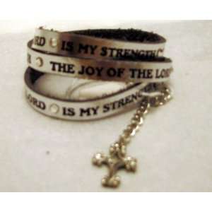  Silver Leather Wrap Around Bracelet the Joy of the Lord Is My Strength