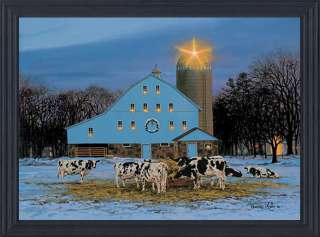 ALL IS CALM, CHRISTMAS,COWS,BARN, FRAMED PRINT, BY ARTIST BONNIE MOHR 