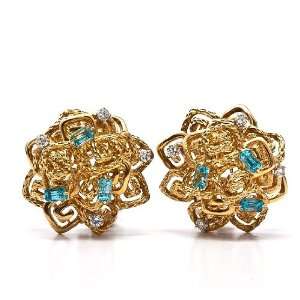    Estate Retro Diamond aquamarines 18k Gold Earrings Jewelry
