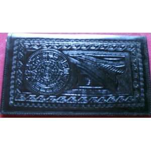   tooled Black Leather Wallet Mexico Aztec Calendar Scroll Caballo ARVE
