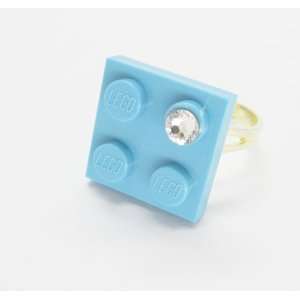  Sea Blue Gray Upcycled LEGO Ring with Swarovski Crystal Jewelry