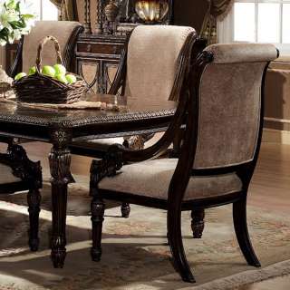Pair 2 Antiqued Chestnut Upholstered Dining Arm Chairs  