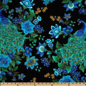  44 Wide Plume Peacocks Multi/Black Fabric By The Yard 