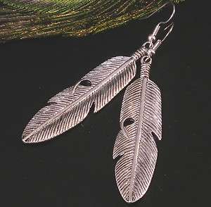 LARGE ANTIQUED SILVER FEATHER PEWTER EARRINGS 2 3/8  