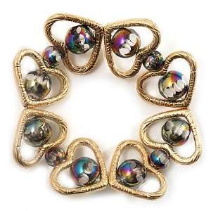  Gold Tone Heart Glass Bead Flex Bracelet  17cm Length 