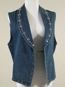 vtg Apache collared vest rhinestones silver studs blue jean cotton M 