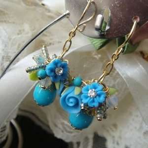   Clay Flower with Colored Crystal Earrings (Aquamarine) Jewelry