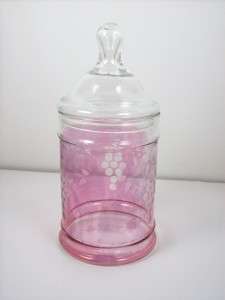 Vintage Pink Glass Apothecary Candy Jar with Lid Grape and Leaf Design 