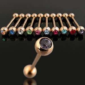 Gold Plated Barbell with 1 Fuchsia (Hot Pink) Gem   14G   5/8 Length 