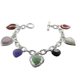    Sterling Silver 8 Inch Multi Gemstone Heart Charm Bracelet Jewelry