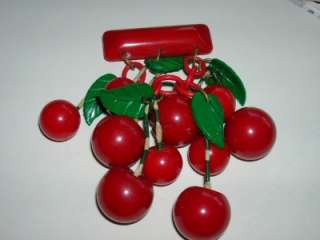Red Cherry Bakelite Brooch Pin 9 Carved Cherries  