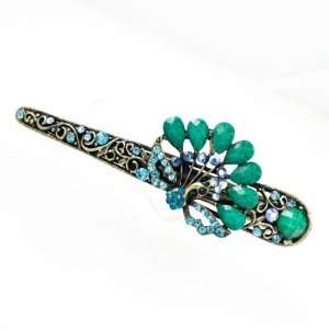    Antique Brass with Rhinestones Alligator Clip Peacock Blue Beauty