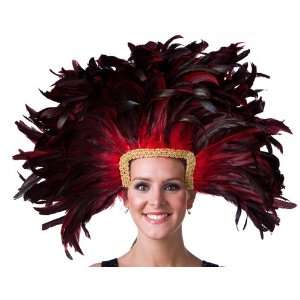  Red Coque Feather Headdress with Removeable Gold Mask 