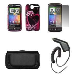 HTC Desire Premium Black Leather Carrying Pouch+Heart Flower Design 