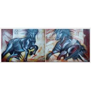 Pair of Trudging Black Horses   2 Canvas Set Oil Painting 