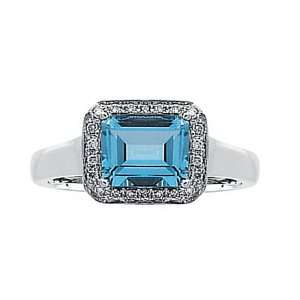  14K White Gold Ring Emerald Cut Aquamarine & Diamonds 