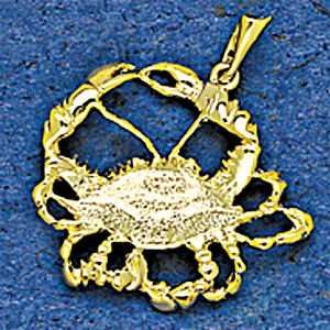   14K Gold Large Blue Claw Crab Nautical Pendant