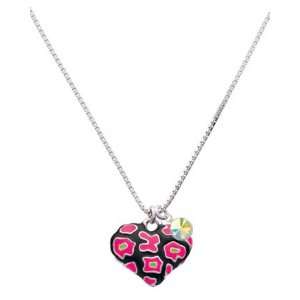  Hot Pink Enamel Cheetah Print Heart Charm Necklace with AB 