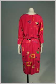   FUCHSIA Hot Pink Silk AVANT GARDE Print Dress w RUCHED HIPS M  