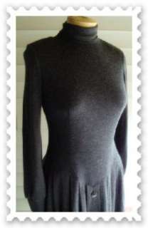 Vintage 80s High Neck Drop Waist Fitted Knit Dress B34  
