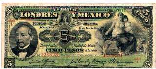 1913 El Banco Londres Y Mexico 5 Peso Note     