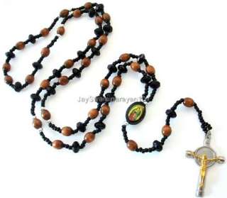 Wood Bead Rosary Silver Gold Tone Cross Necklace Black  