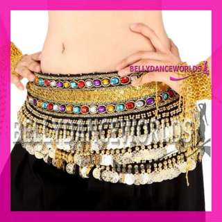 BELLY DANCE FAUX GEMSTONE HIP SCARF SKIRT GOLD COIN 6CL  