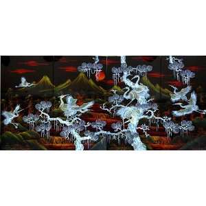  Vietnamese Lacquer Paintings   32 x 62 Cranes Paradise Black 