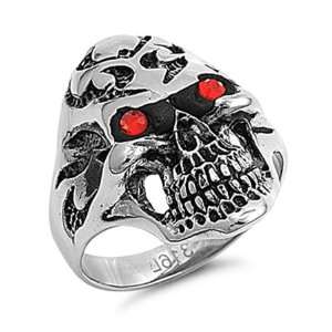    Stainless Steel Skull with Garnet CZ Mens Ring Size 8 Jewelry