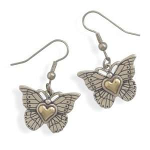 Heart Of Gold Sterling Silver Butterfly French Wire Earrings With a 14 