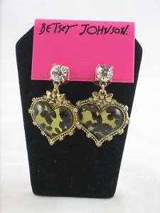 Betsey Johnson Leopard Heart Rhinestone Drop Earrings  