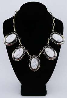 WHITE BUFFALO TURQUOISE NECKLACE WITH 5 BIG STONES & FEATHER 