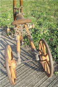   CAST IRON WOODEN WHEELS TRICYCLE CHILDRENS BIKE PRIMITIVE  