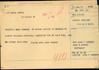 1960 JACQUELINE KENNEDY TELEGRAM TO LT. GENERAL KERIN  