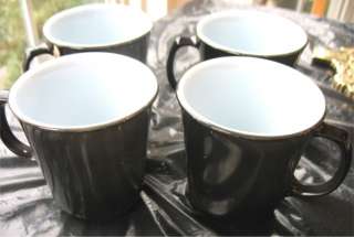 Pyrex Black Glass Coffee Mugs 3.5 Tall White Inside  
