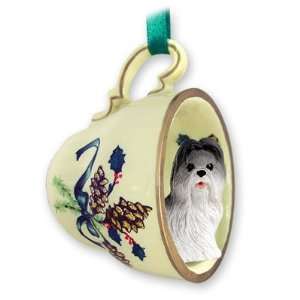  Shih Tzu Green Holiday Tea Cup Dog Ornament   Gray & White 