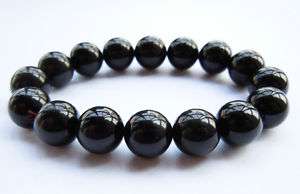 12mm Mens Natural Black Obsidian Crystal Beads Bracelet  