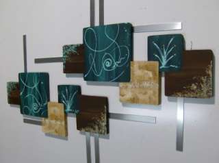 2pc Teal & Brown Contemporary Geometric Square Wood Wall Sculpture 